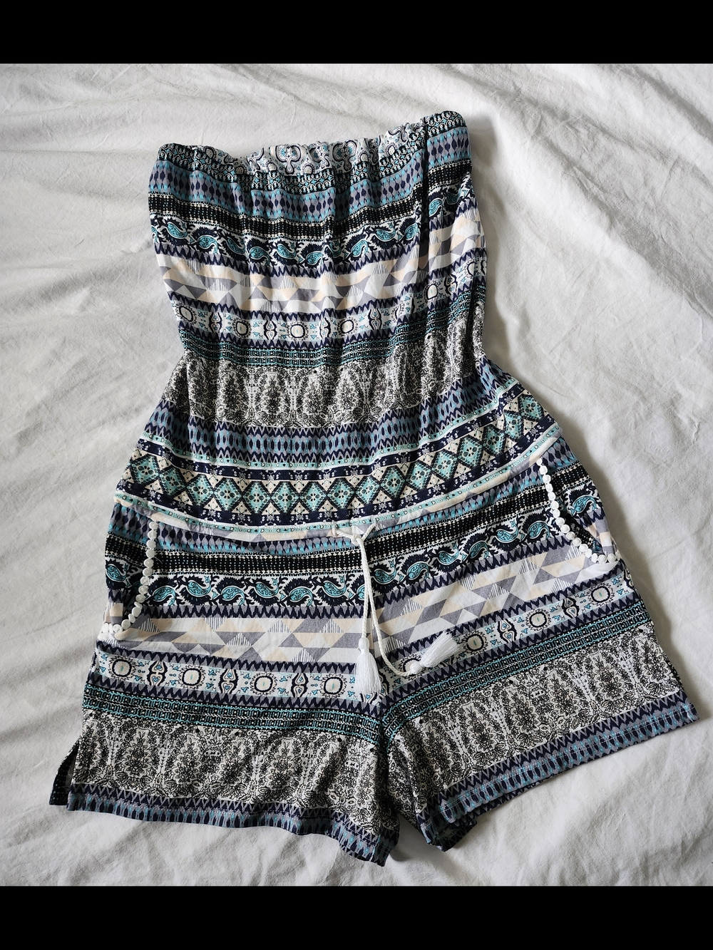 Simons White Strapless Summer Romper with Tribal Print